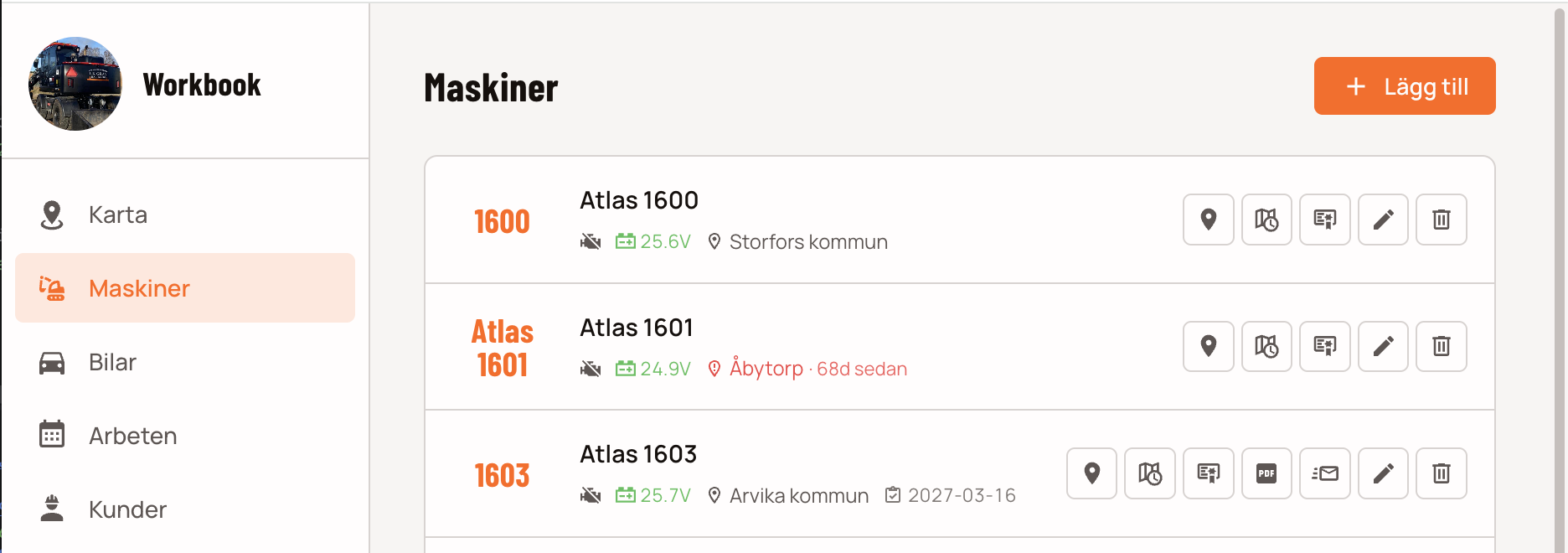 Maskinlista med GPS och besiktning