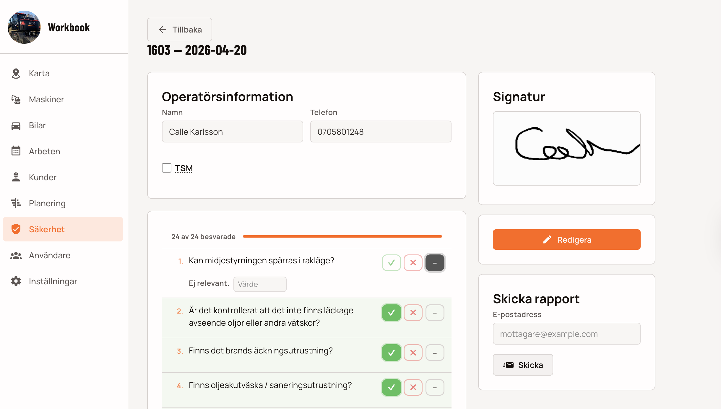 Digital funktionskontroll med signatur